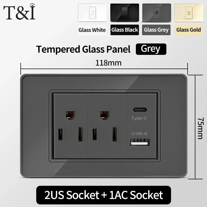 118 Series 118*75mm Tempered Glass US Thai Wall Socket Dual USB Type-C Ports Light Switch Smart Home Appliance 110V Home Office - Electrifick Wants