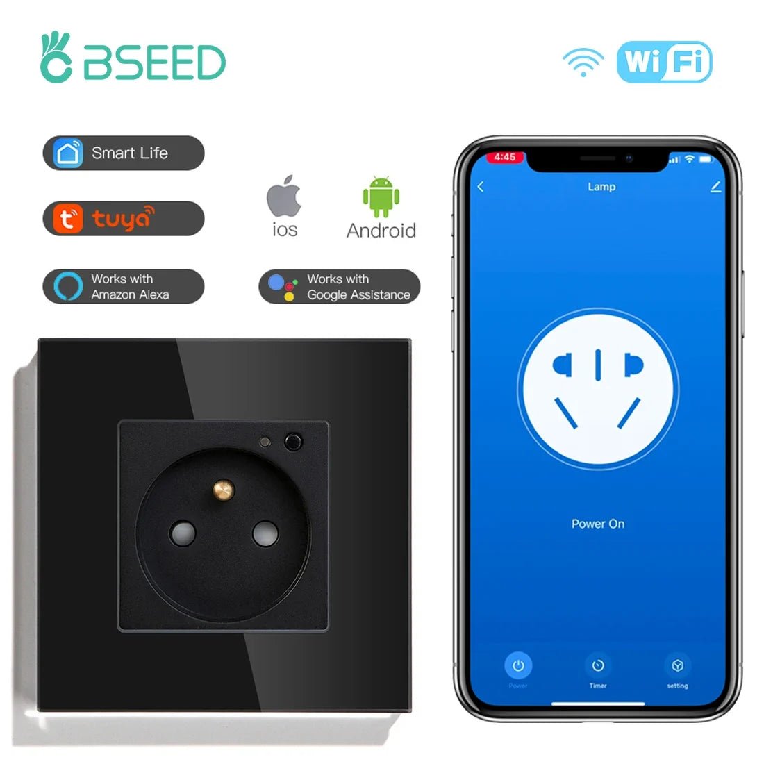 Bseed Wifi Wall Socket France Standard Crystal Glass Panel Smart Socket Outlets Work With Tuya Google Home Alexa Timer APP - Electrifick Wants