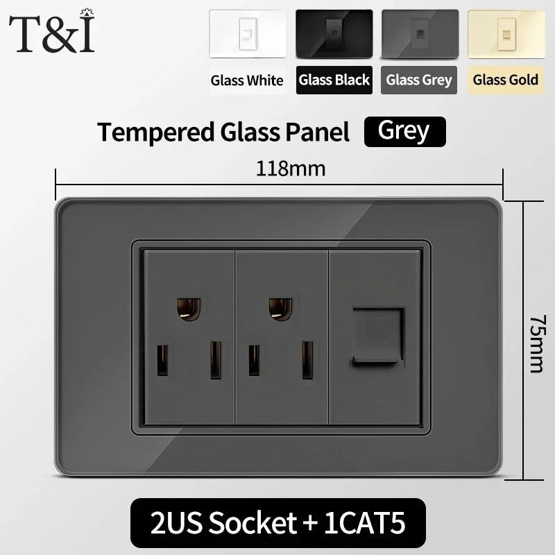 118 Series 118*75mm Tempered Glass US Thai Wall Socket Dual USB Type-C Ports Light Switch Smart Home Appliance 110V Home Office - Electrifick Wants