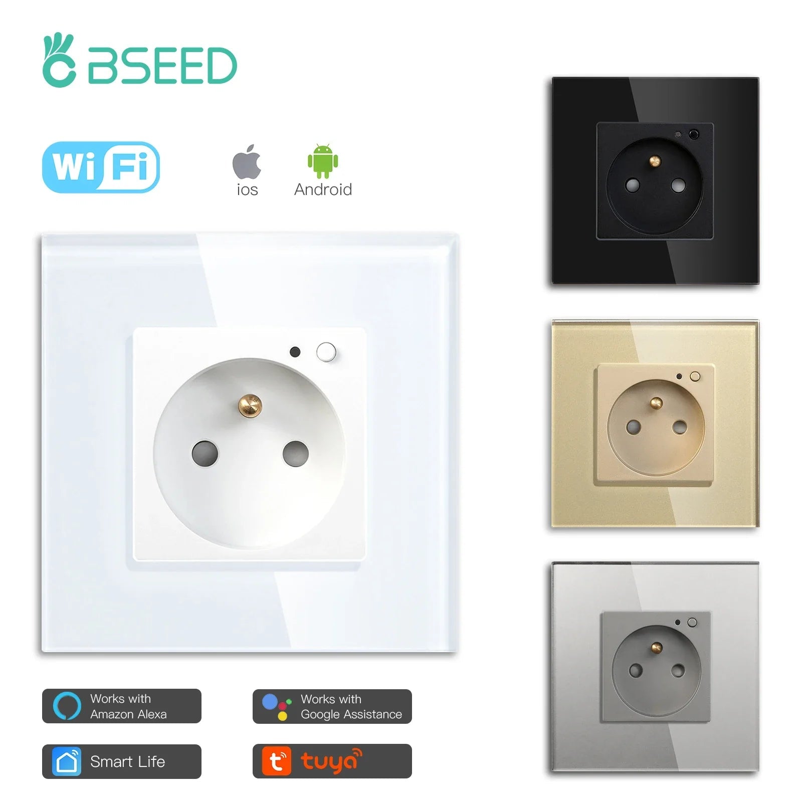 Bseed Wifi Wall Socket France Standard Crystal Glass Panel Smart Socket Outlets Work With Tuya Google Home Alexa Timer APP - Electrifick Wants