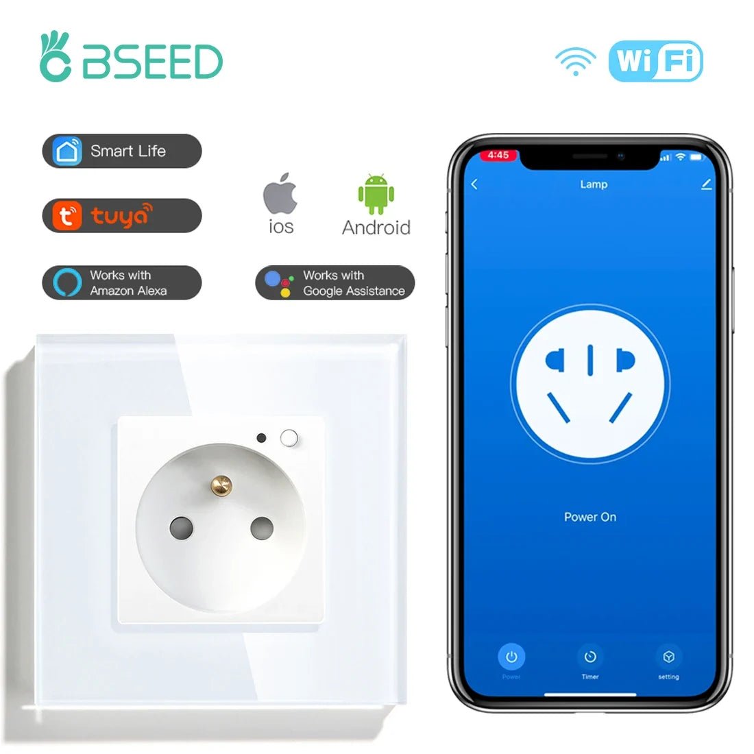 Bseed Wifi Wall Socket France Standard Crystal Glass Panel Smart Socket Outlets Work With Tuya Google Home Alexa Timer APP - Electrifick Wants