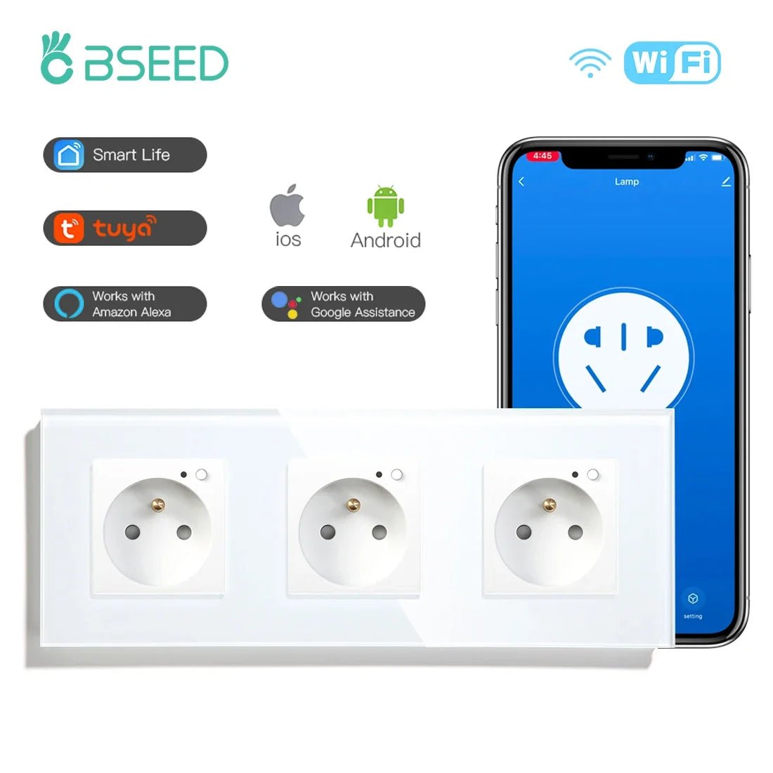 Bseed Wifi Wall Socket France Standard Crystal Glass Panel Smart Socket Outlets Work With Tuya Google Home Alexa Timer APP - Electrifick Wants