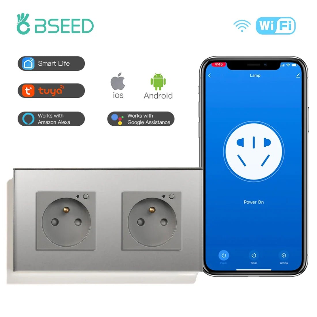 Bseed Wifi Wall Socket France Standard Crystal Glass Panel Smart Socket Outlets Work With Tuya Google Home Alexa Timer APP - Electrifick Wants