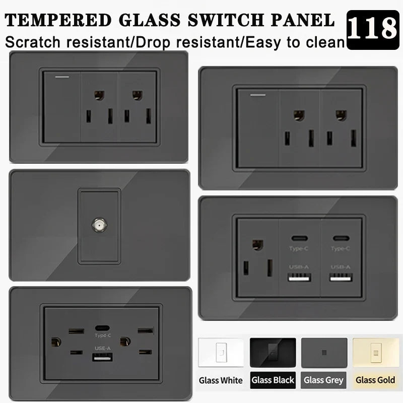 118 Series 118*75mm Tempered Glass US Thai Wall Socket Dual USB Type-C Ports Light Switch Smart Home Appliance 110V Home Office - Electrifick Wants